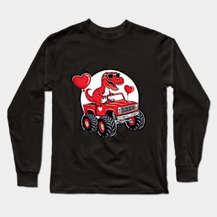 Kids Valentines Day T Rex Riding Monster Truck Funny Toddler Long Sleeve T-Shirt